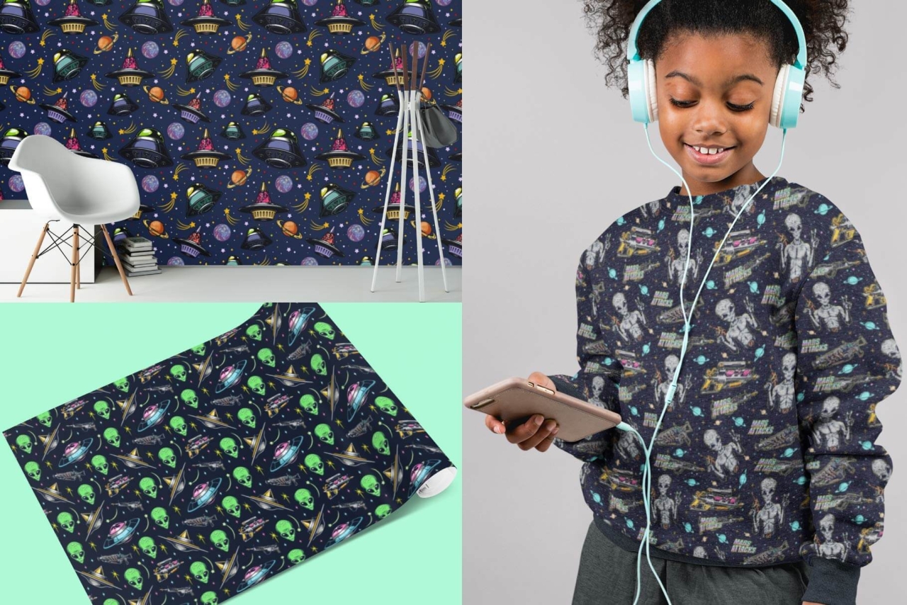 Seamless UFO patterns on apparel and printed mockups