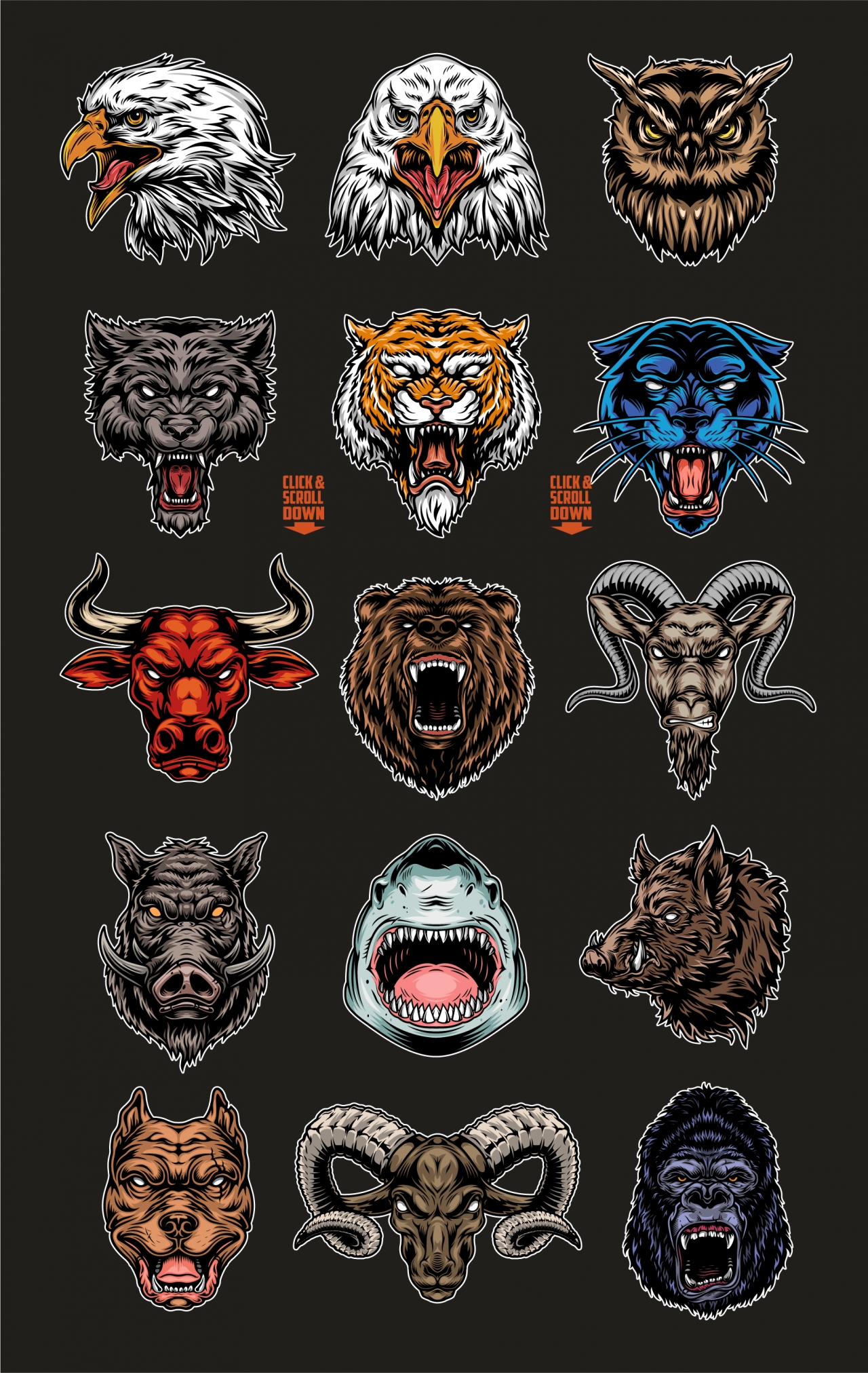 Colorful vintage angry cruel animal heads designs set with pitbull, tiger, goat, bear, gorilla, black panther, bull, wolf, eagle, owl, shark, wild boar, ram