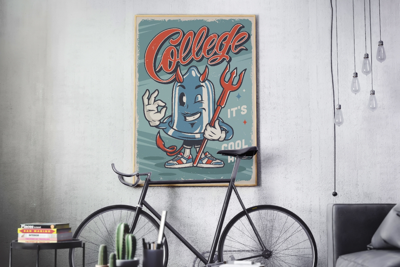 Colorful vintage college poster with cute character of devil condom hanging on the wall
