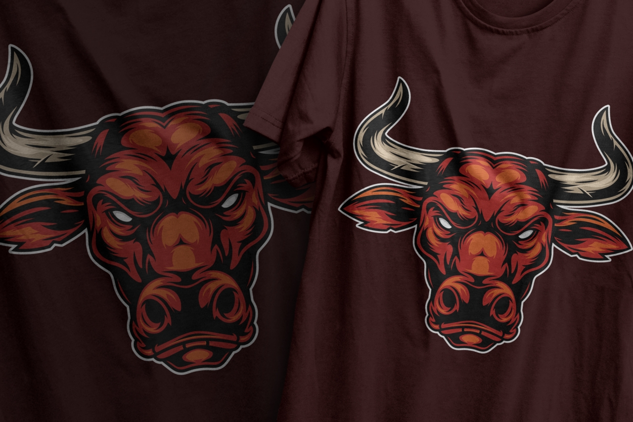 Colorful design of serious red bull head in vintage style printing on t-shirts