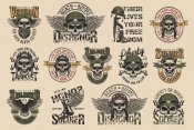 Vintage colorful military labels set with pilot, soldier, tankman, navy seal skulls on light background