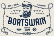 Boatswain font cover with sailor smoking pipe and various nautical elements in vintage style