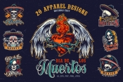 20 vintage apparel Dia De Los Muertos designs cover with colorful Day of the Dead emblems, labels and badges