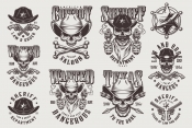 Vintage monochrome style wild west emblems set with skulls in cowboy hat, sheriff badge, crossbones, pistols, arrows on light background