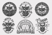 Vintage monochrome style nautical labels collection with skulls in sea captain hat and crown, crossbones, spyglasses, Poseidon tridents on light background