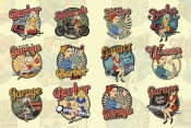 Vintage colorful emblems with pinup pretty girls for barbershop, car and motorcycle repair services, tattoo studio 