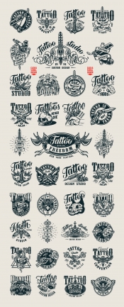 Monochrome style tattoo designs with vintage badges, prints, labels and emblems on light background