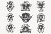 Vintage monochrome police labels set with skulls in policeman hat, eagle wings, pistols and crossed batons on light background
