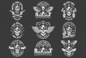 Old school style policeman badges collection with pistols, batons, eagle and skulls wearing police hat and sunglasses in monochrome style