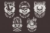 Vintage monochrome style gambling prints set with gangster skulls wearing crown, top and fedora hats, roses, smoking pipes, playing cards, smoke elements 