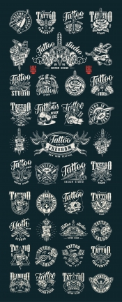 Tattoo studio retro designs collection with monochrome style prints on dark background