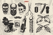 Vintage barbershop monochrome elements collection with hipster skulls, scissors, blade, razor, shaving brush, mustache, barber chair, glass of whiskey, electric hair clipper, barber pole, male and skeleton hands holding crossed razors