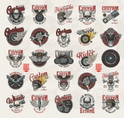 Vintage custom motorcycle colorful prints with motorcyclist and biker skulls in helmet and goggles, motorbike parts, fiery and winged elements, eagle, chopper