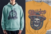 Monochrome style and colorful Dia De Los Muertos mockups with vintage labels of acoustic guitar and mustached skull in sombrero hat printing on t-shirt and hoodie