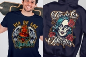 Vintage Day of the Dead mockups concept with colorful Dia De Los Muertos labels printing on t-shirt and hoodie