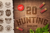 Cover of 20 vintage hunting emblems with inscription on wooden surface, shotgun shells, leaves and monochrome style badges on ragged paper sheet