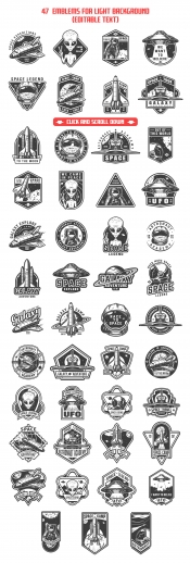 47 black space emblems, designs, and badges on white background. Collection of vector art with astronaut, shuttle and alien. Editable text, EPS, JPG, PDF, PSD, AI, PNG files. 