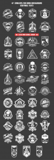 47 white space patches, designs, and badges on black background. Collection of vector art with astronaut, shuttle and alien. Editable text, EPS, JPG, PDF, PSD, AI, PNG files. 