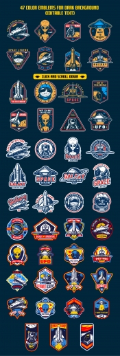 47 color space emblems, designs, and badges. Collection of vector art with astronaut, shuttle and alien. Editable text, EPS, JPG, PDF, PSD, AI, PNG files. 