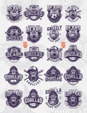 Vintage sport clubs badges set with angry gorilla and bear heads, balls, crossed baseball bats and hockey sticks