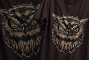 Colorful design of serious wise owl head in vintage style printing on t-shirts