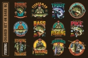 12 fishing colored designs on dark background with different vector illustrations and text