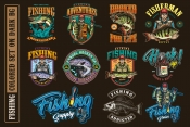 11 fishing colored designs on dark background with different vector illustrations and text