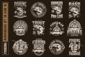 12 fishing monochrome designs on dark background with different vector illustrations and text