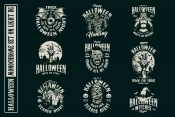 9 Halloween monochrome designs on dark background with different vector illustrations and text