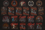 21 motorcycle colored designs on dark background with different vector illustrations and text