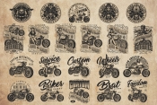 21 motorcycle black and white designs on light background with different vector illustrations and text