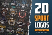 20 Sport logos bundle cover with different animal illustrations.