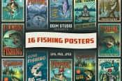 16 Fishing posters bundle cover with different illustrations and text