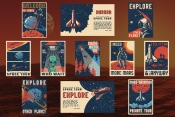 11 Retro space colored posters on dark background with different vector illustrations and text