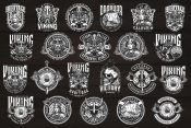 22 Viking black and white designs on dark background with different vector illustrations and text