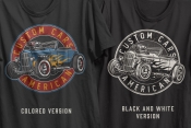 Custom cars design in three color variations on apparel mockups