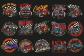15 Custom cars colored designs on dark background with different vector illustrations and text