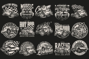 15 Custom cars black and white designs on dark background with different vector illustrations and text