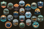 21 Camping colored badges on dark background with different vector illustrations and text