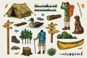 Camping colored illustrations on light background