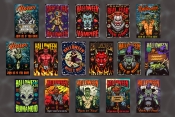 16 Halloween colored posters with different vector illustrations and text