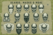 15 skulls with different masks, beards and smoking objects