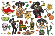 14 Cinco de Mayo colored illustrations on light background with accessories and smaller illustrations