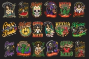 18 Cinco de Mayo colored designs on dark background with different vector illustrations and text