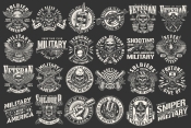 24 Military black and white designs on dark background with different vector illustrations and text