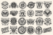 24 Military black and white designs on light background with different vector illustrations and text