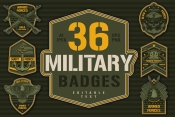 36 Military badges cover with different illustrations and text.