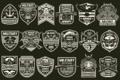 18 Military black and white badges on dark background with different vector illustrations and text
