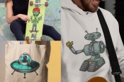 UFO illustrations on apparel products and a skateboard