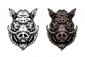 Vintage scary wild boar heads with tusks in color and monochrome versions